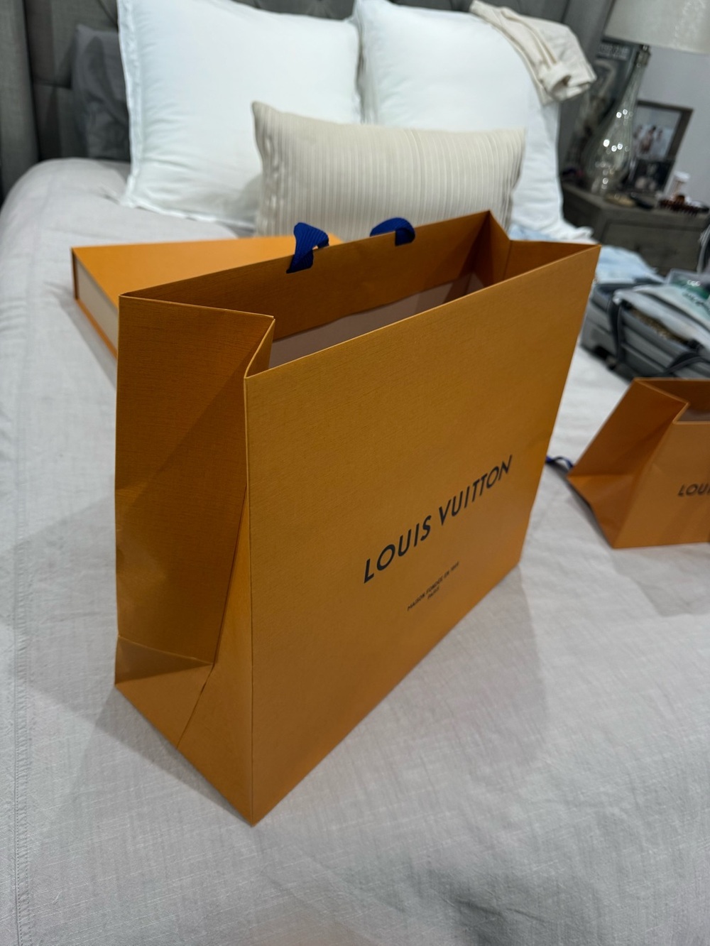 Louis Vuitton Orange Shopping Bag with Blue Handles (Large)
